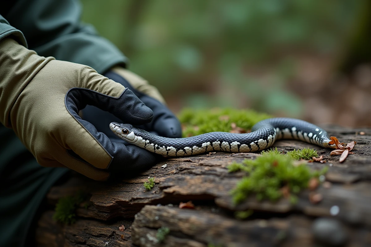 Main gantée d'un naturaliste tenant un guide d'identification à côté d'une crotte de serpent sur un tronc en forêt