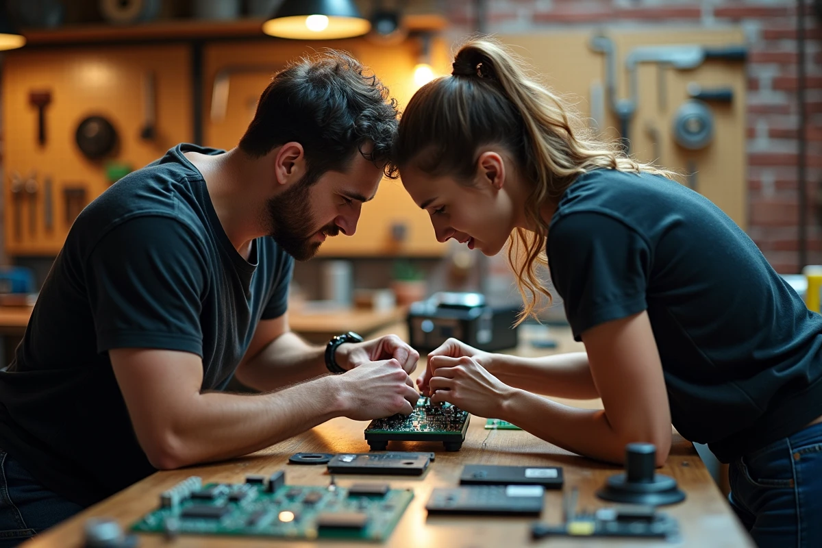 Deux ingénieurs examinant un circuit électronique dans un atelier de startup technologique