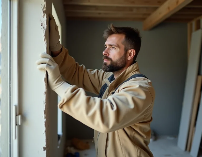 Artisan posant des panneaux isolants rigides sur un mur intérieur d'un appartement en copropriété lors de travaux de rénovation thermique