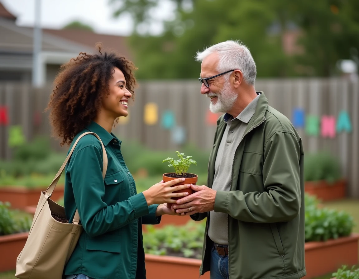 Femme transmettant une plante à un homme âgé dans un jardin urbain communautaire, symbole de solidarité locale