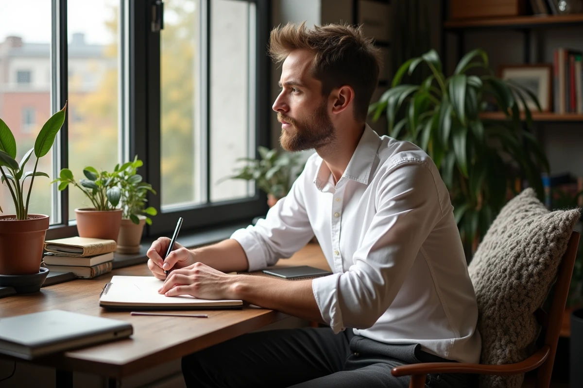 Jeune homme dessinant dans un bureau lumineux et cosy