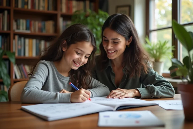 Jeune fille souriante en aide aux devoirs de mathématiques