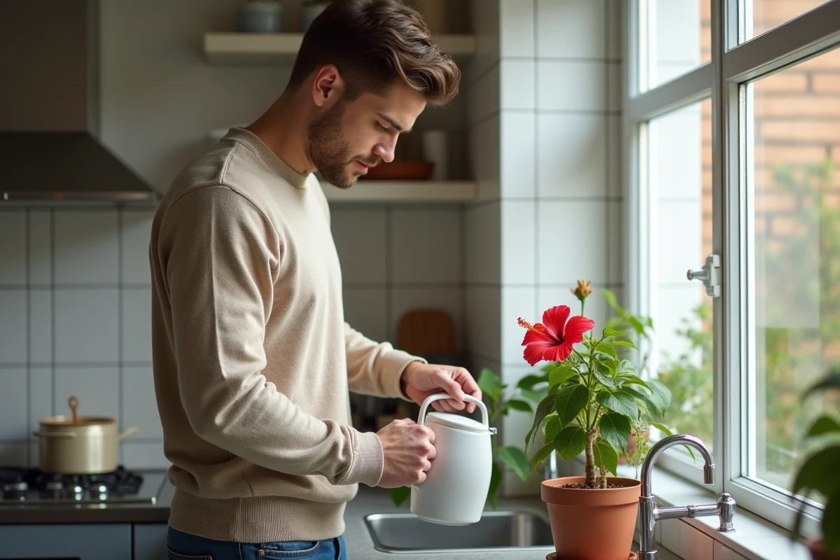 Jeune homme arrosant un hibiscus dans la cuisine moderne