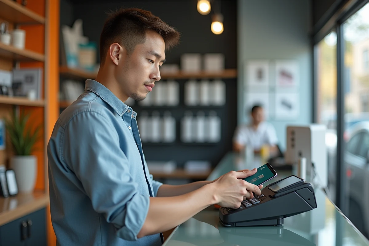Jeune homme payant avec sa carte dans un magasin de téléphonie