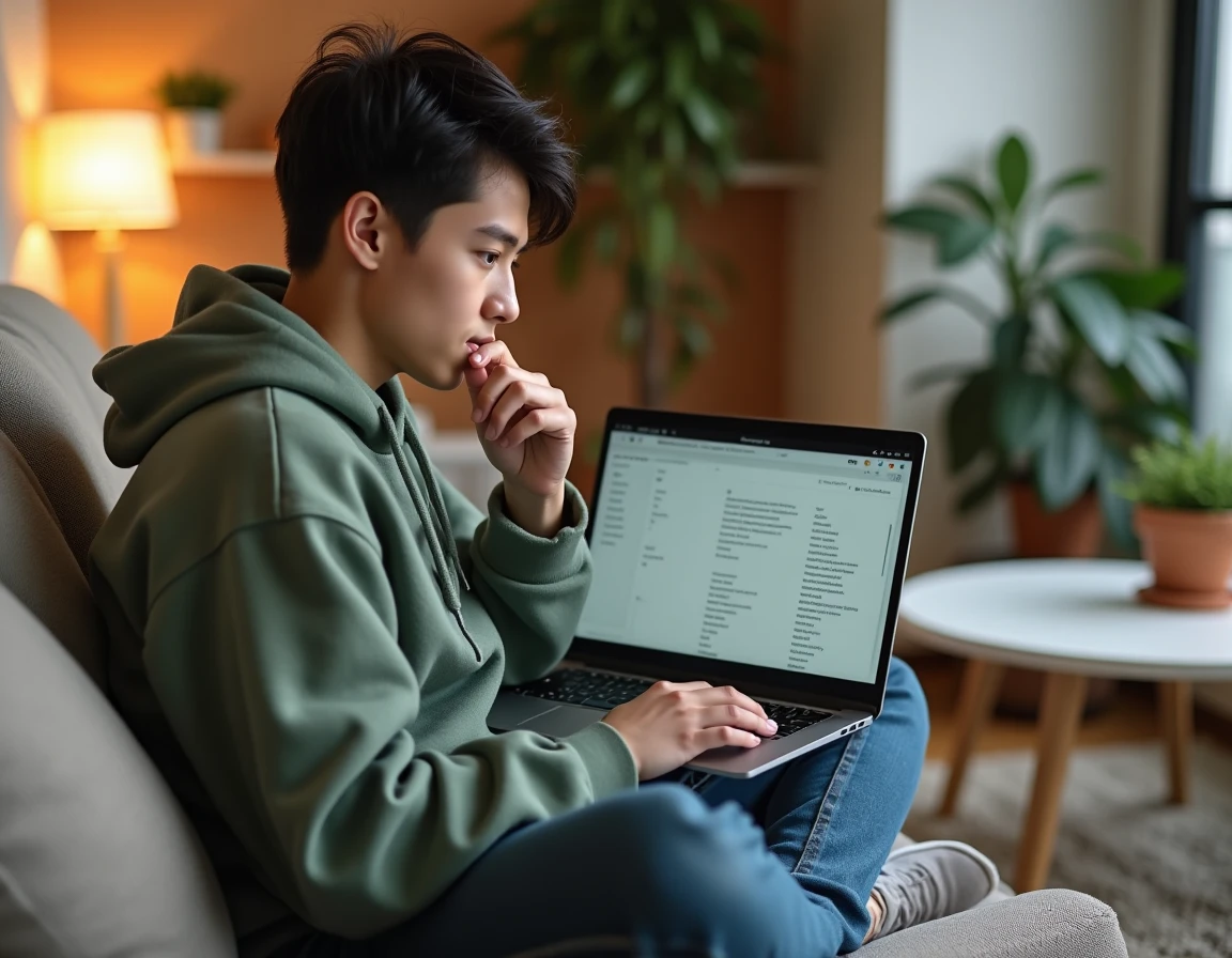 Jeune personne explorant une page sitemap sur un ordinateur portable depuis son salon