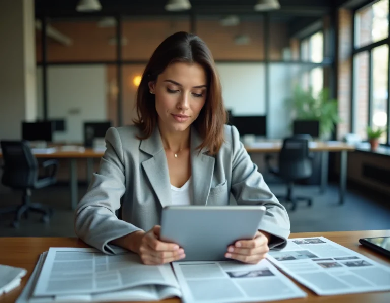 Journaliste femme lisant les actualités du jour sur tablette et journaux papier dans une salle de rédaction moderne