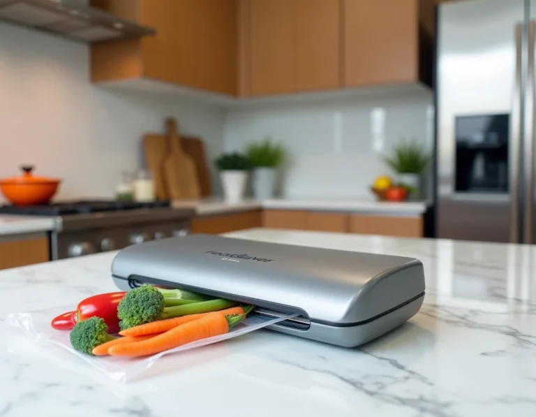 Machine sous vide FoodSaver V2860 posée sur un plan de travail en marbre blanc avec des légumes frais dans un sac sous vide