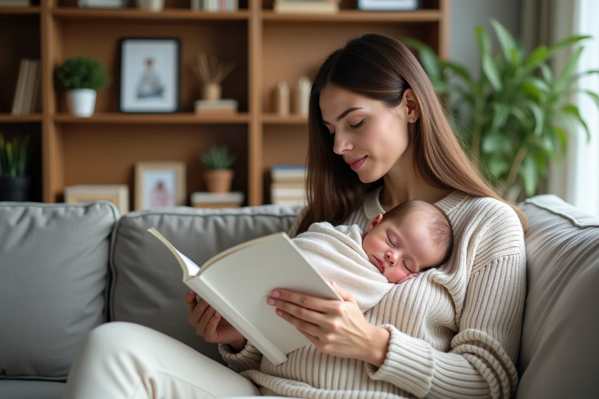 Maman lisant un livre avec son bébé dans un salon cosy