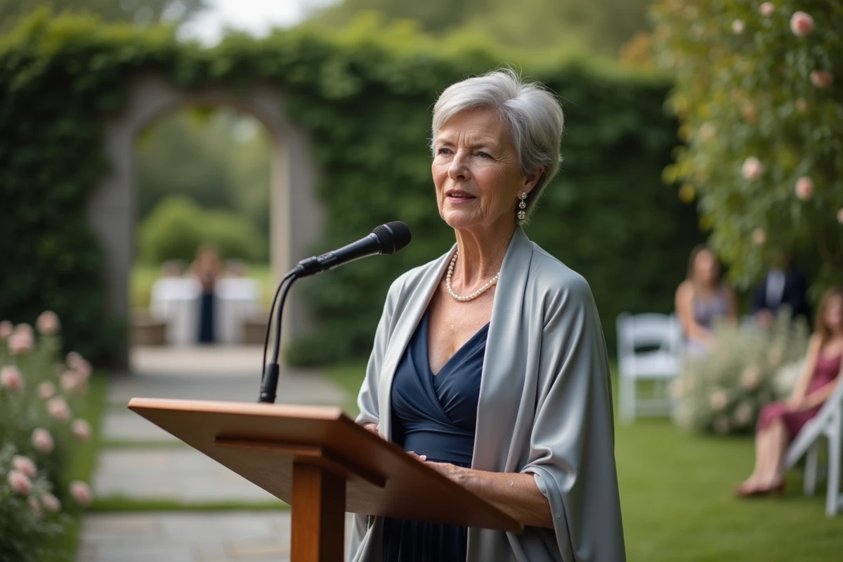 Mère élégante donnant un discours en extérieur
