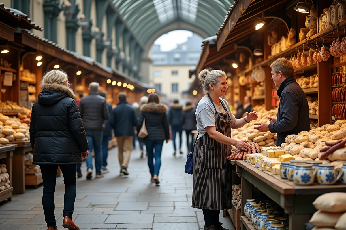 Marché couvert des Halles de Quimper avec étals de produits bretons et faïence traditionnelle bleue et jaune