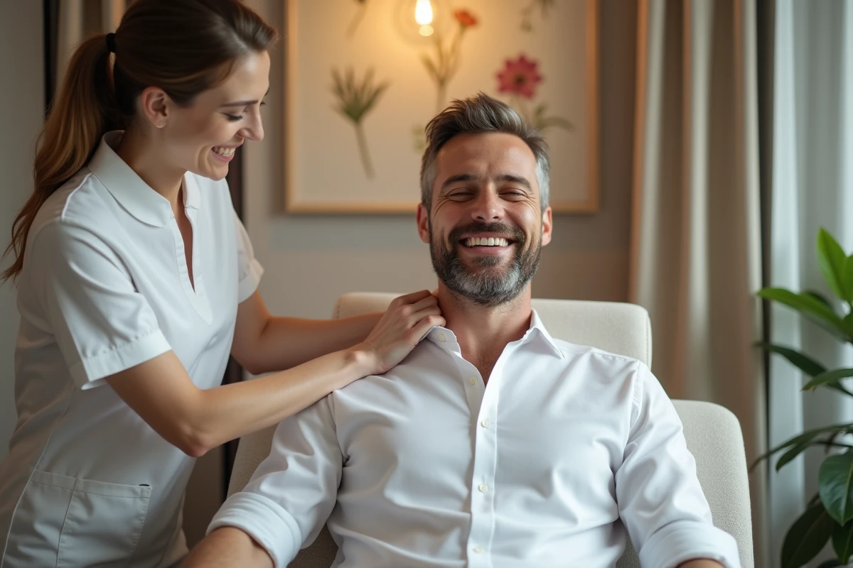 Professionnel bénéficiant d'un massage assis en entreprise dans un espace bien-être dédié aux salariés
