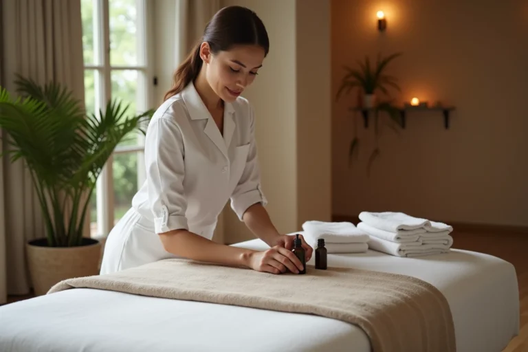 Femme masseuse préparant une table de massage dans un spa à Lyon