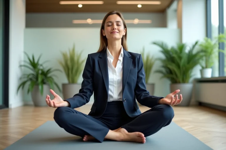 Professionnelle pratiquant la méditation dans un espace bien-être dédié au sein d'une entreprise moderne