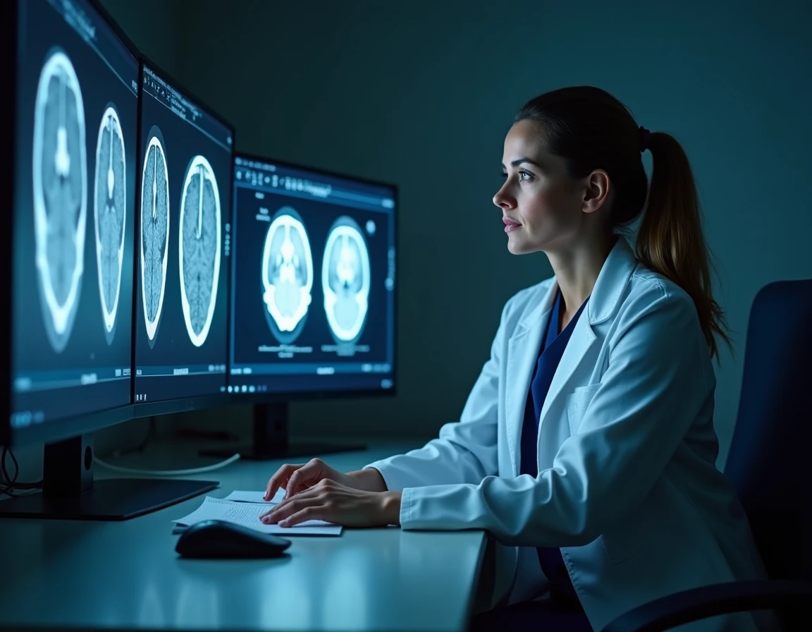 Neurologue féminine analysant une IRM cérébrale sur écran dans une salle de radiologie hospitalière pour diagnostiquer des signes neurologiques graves