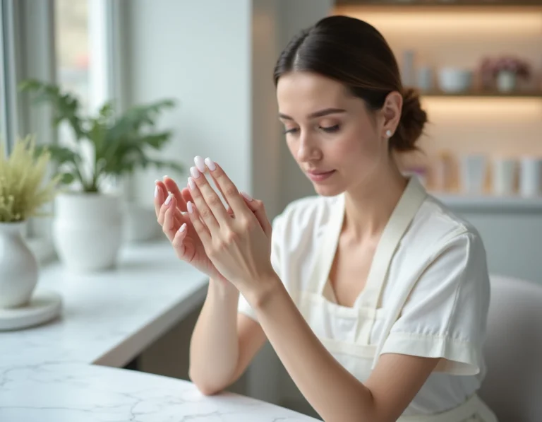 Femme examinant ses ongles en porcelaine dans un salon de manucure moderne et épuré