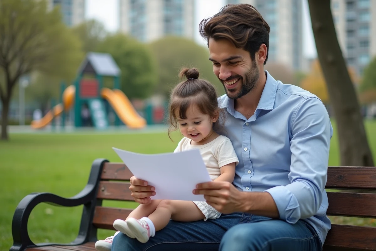 Père et fille lisant une lettre sur un banc dans un parc