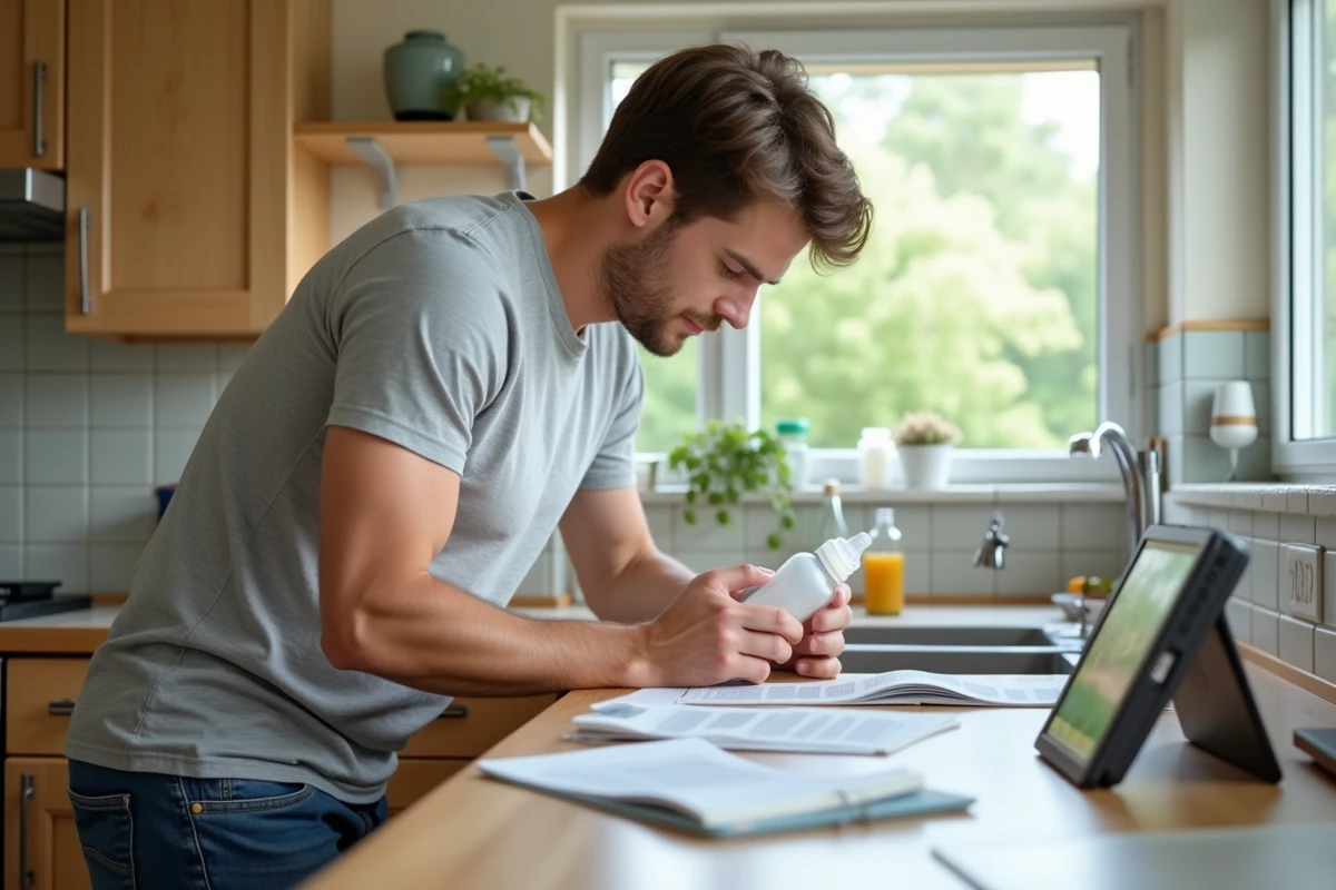 Papa préparant un biberon dans une cuisine lumineuse