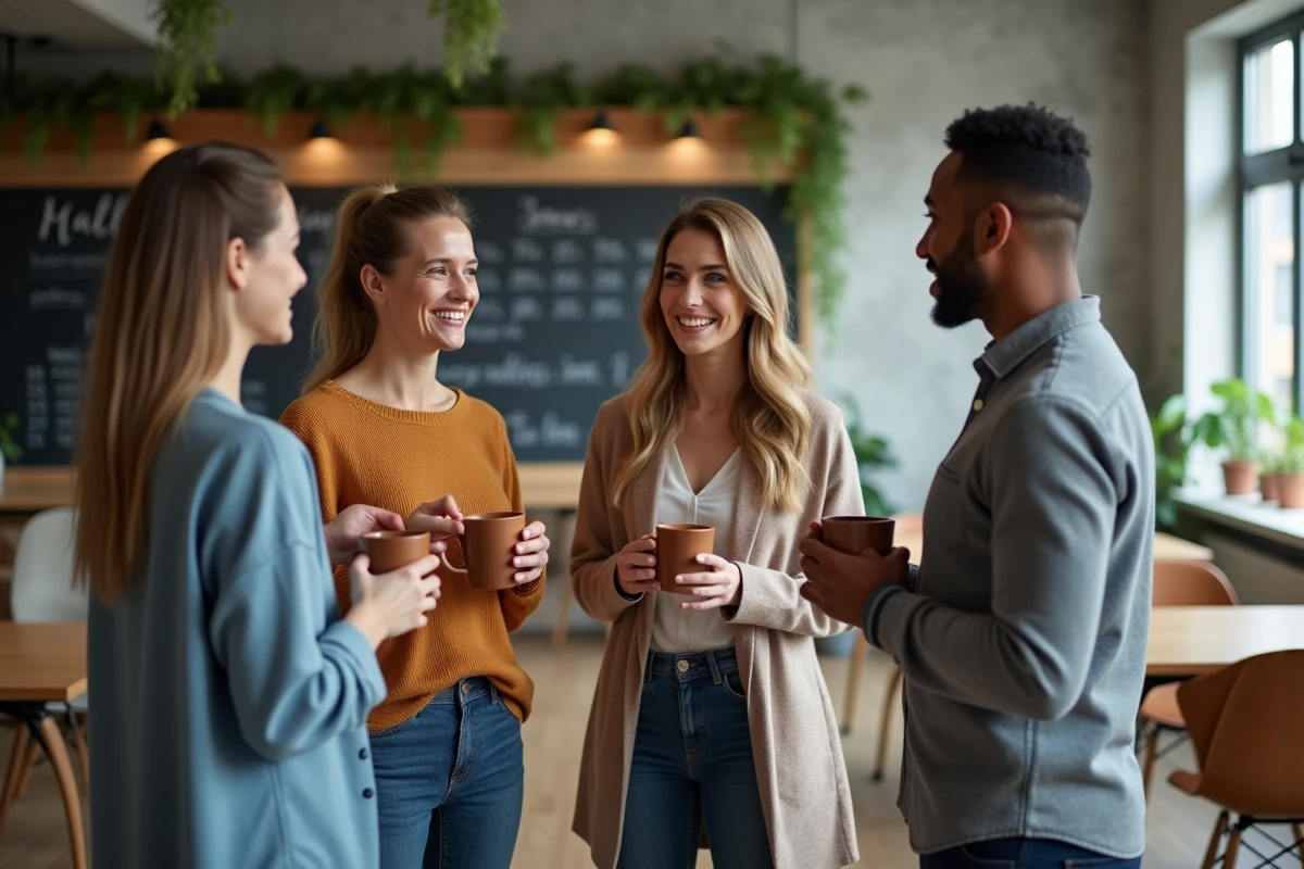 Groupe de professionnels participant à une pause bien-être guidée dans un espace de coworking moderne