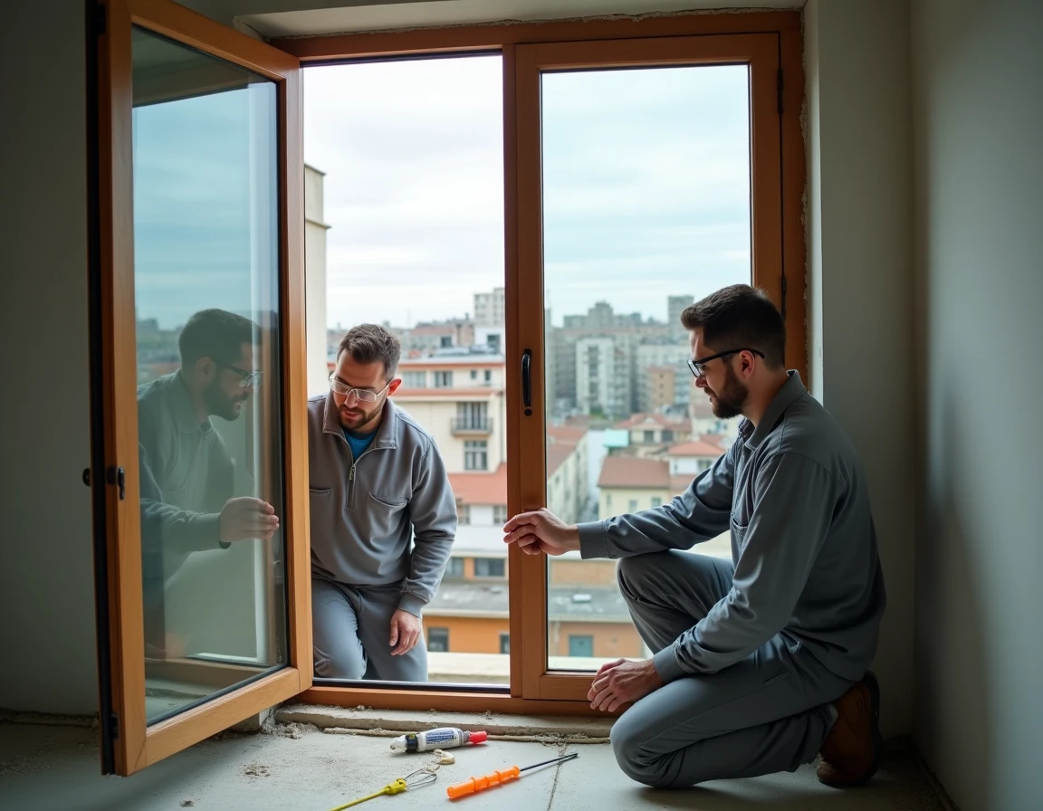 Deux ouvriers posant une fenêtre à double vitrage dans un appartement en copropriété pour améliorer l'isolation thermique et acoustique