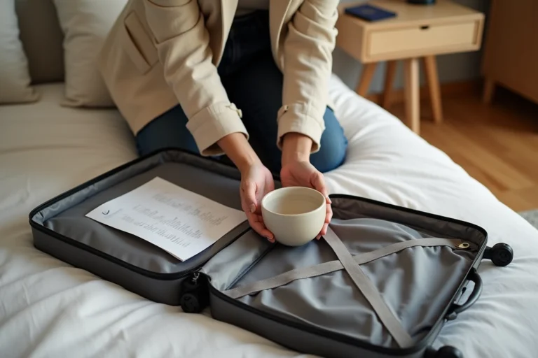 Femme préparant sa valise cabine avec de la vaisselle emballée soigneusement avant un voyage en avion