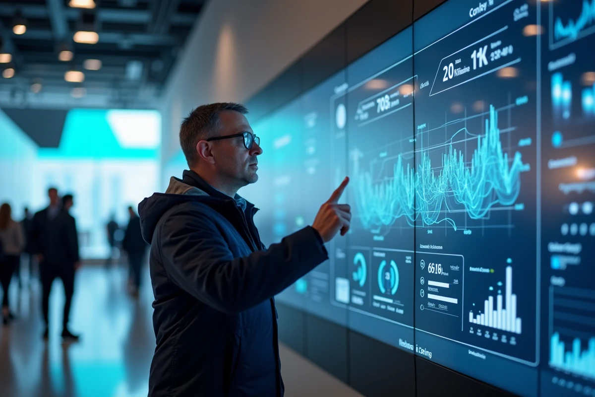 Professionnel naviguant sur un mur d'écrans interactifs lors d'une conférence technologique