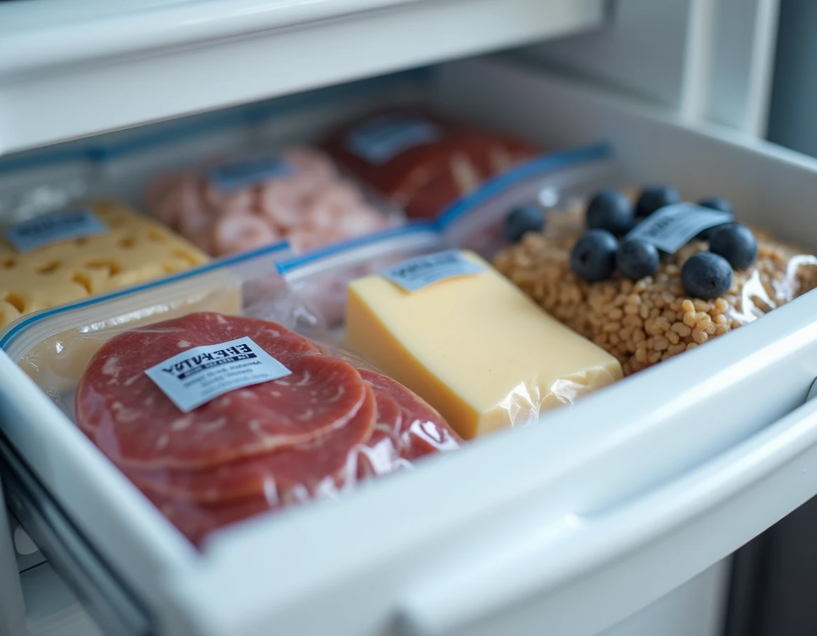 Tiroir de réfrigérateur organisé avec des aliments conservés sous vide dans des sacs FoodSaver transparents