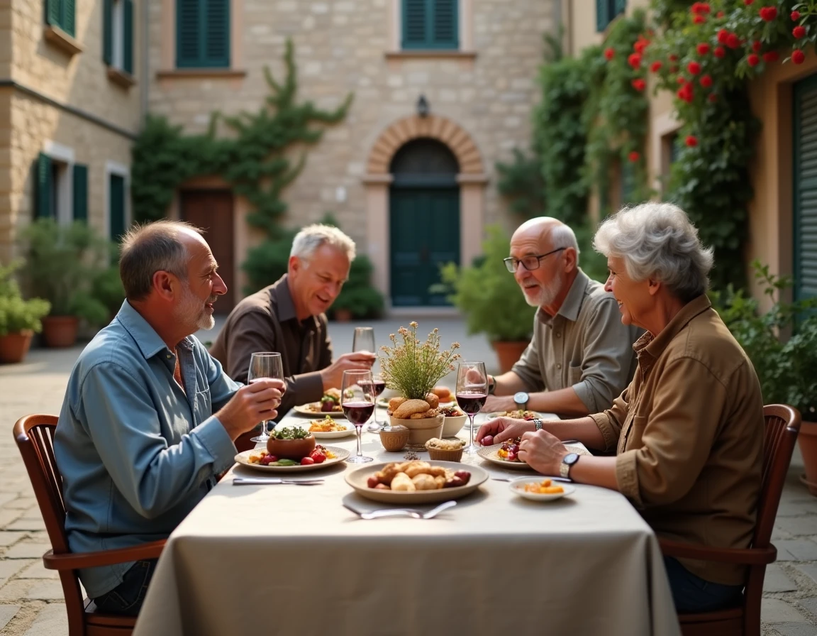 Un groupe d'adultes partageant un repas traditionnel dans une place de village en pierre, symbolisant les coutumes collectives et les rituels culturels locaux.