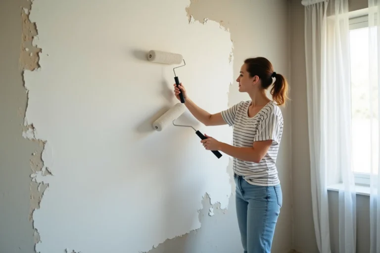 Femme appliquant de la peinture blanche sur un mur abîmé