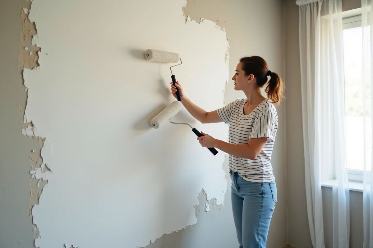 Femme appliquant de la peinture blanche sur un mur abîmé
