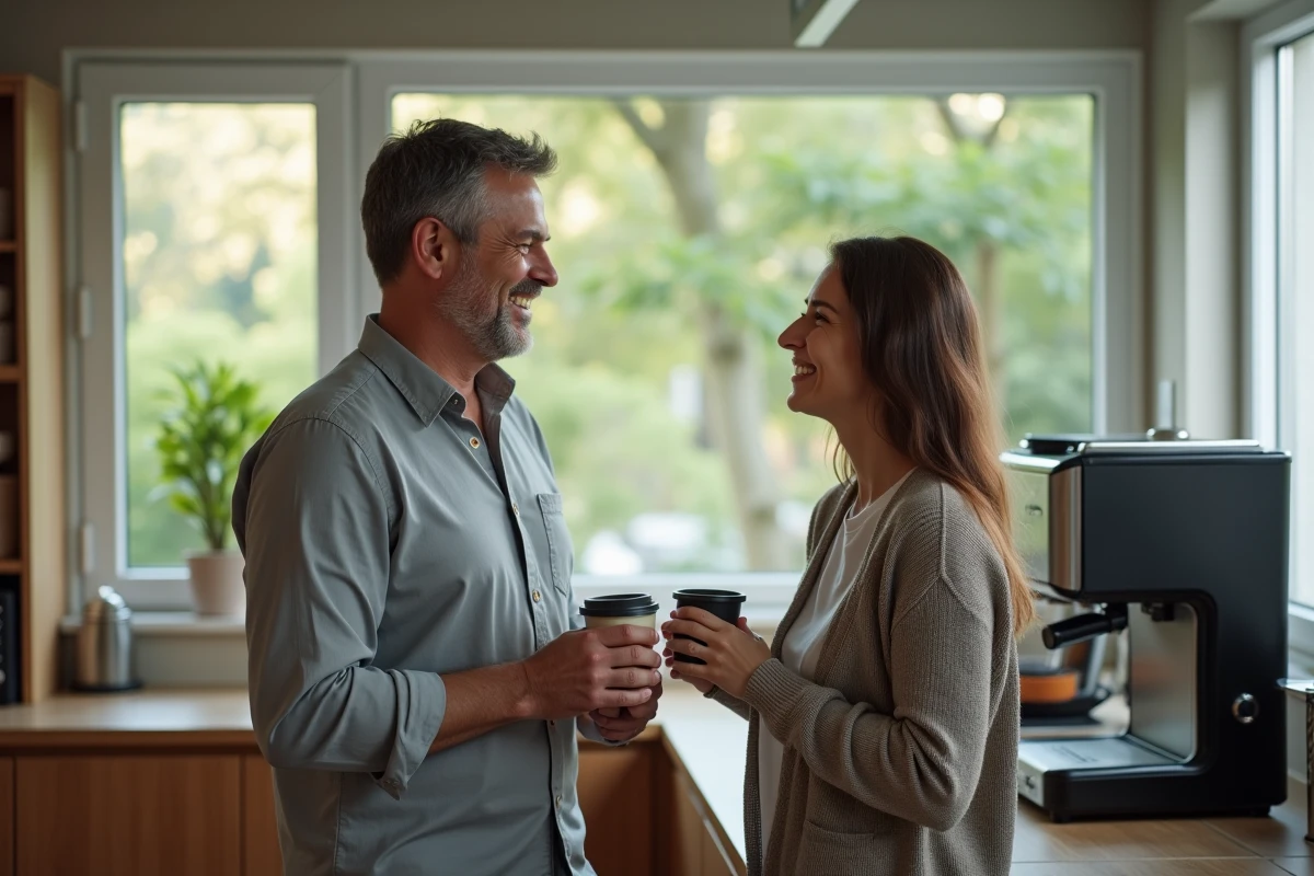 Collègue masculin souriant avec attention à une femme lors d'une pause café au bureau, signe d'attraction non verbale