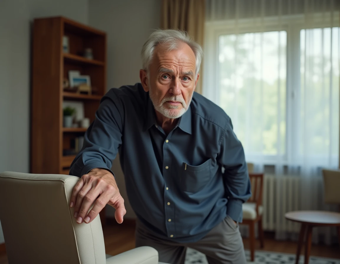 Homme âgé agrippant un fauteuil dans son salon, montrant des signes de vertige ou de symptôme neurologique grave à domicile