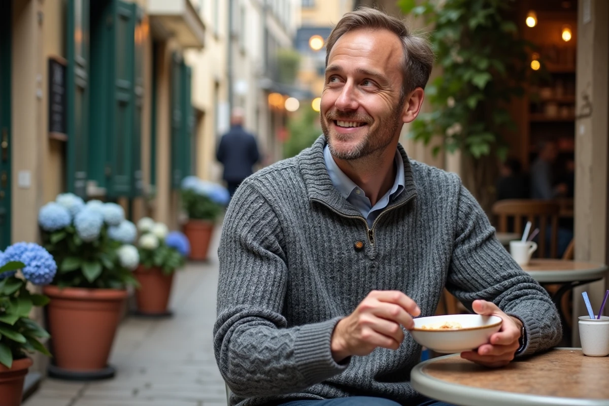 Homme attablé en terrasse d'une crêperie bretonne dans le centre historique de Quimper savourant un bol de cidre