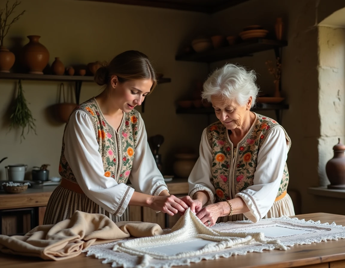 Une femme âgée transmet un savoir-faire textile traditionnel à une jeune femme dans une cuisine rustique, illustrant la transmission des traditions culturelles entre générations.