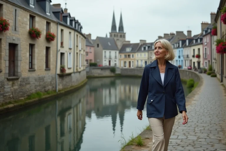 Femme se promenant le long des quais de l'Odet à Quimper avec vue sur les maisons à colombages et la cathédrale Saint-Corentin
