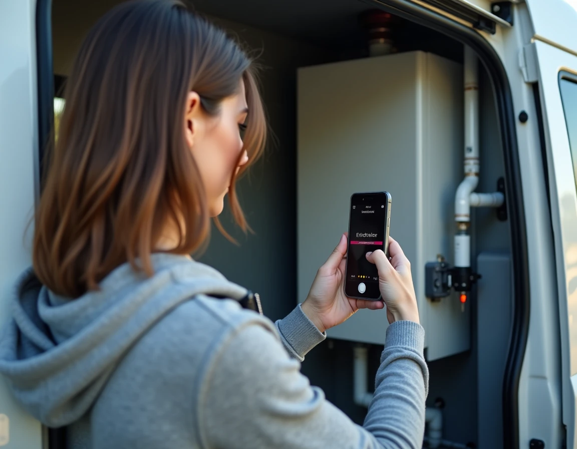 Femme photographiant les voyants d'erreur d'une chaudière Truma Combi avec son smartphone